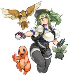 Rule 34 | 1girl, baseball cap, belt, bird, black gloves, black pantyhose, breasts, charmander, cosplay, covered navel, creatures (company), cropped legs, female protagonist (pokemon go), female protagonist (pokemon go) (cosplay), fire, flame-tipped tail, game freak, gen 1 pokemon, gloves, green hair, hat, holding, holding poke ball, large breasts, leggings, long hair, nintendo, oddish, orange eyes, original, pantyhose, perky breasts, pidgey, poke ball, pokemon, pokemon go, ponytail, sachito, shorts, sidelocks, simple background, smile, sumi-chan (sachito), thick thighs, thighs, white background