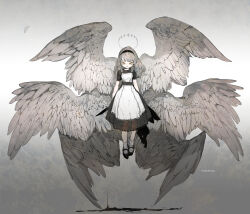 Rule 34 | 1girl, absurdres, apron, black dress, black hairband, closed mouth, demizu posuka, dress, feathered wings, floating, grey hair, hairband, halo, highres, holding, long hair, looking at viewer, midair, multiple wings, original, smile, solo, white apron, wings, yellow eyes