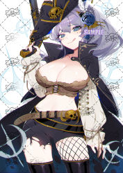 Rule 34 | 1girl, :q, absurdres, bad id, bad pixiv id, belt, black coat, black hat, black shorts, black thighhighs, blue eyes, blue flower, breasts, brown shirt, cleavage, closed mouth, coat, cowboy shot, crop top, earrings, facial mark, fishnets, flower, fur trim, gun, hair flower, hair ornament, hat, high collar, highres, holding, holding gun, holding weapon, jacket, jacket on shoulders, jewelry, large breasts, light purple hair, long hair, long sleeves, looking at viewer, midriff, musket, original, pirate, pirate hat, puffy sleeves, rose, sample watermark, shibuya (kurokamishain), shirt, short shorts, shorts, smile, solo, standing, stomach, thighhighs, tongue, tongue out, torn clothes, torn shorts, trigger discipline, watermark, weapon