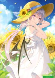 Rule 34 | 1girl, absurdres, artist name, bare shoulders, blue sky, blush, bow, bowtie, bracelet, closed mouth, cloud, cloudy sky, day, demon girl, demon wings, dress, eve-chan, fingernails, flower, hat, highres, jewelry, lips, long hair, looking at viewer, low wings, melonbooks, outdoors, petals, purple eyes, purple hair, rurudo, scan, sky, sleeveless, solo, sun hat, sunflower, water, water drop, white dress, wings