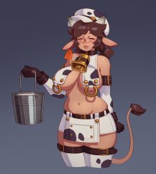 Rule 34 | 1girl, absurdres, animal ears, animal print, black gloves, breasts, brown hair, bucket, cleavage, cow ears, cow girl, cow horns, cow print, cow tail, dark-skinned female, dark skin, elbow gloves, facing viewer, glasses, gloves, hat, highres, holding, holding bucket, horns, large breasts, lips, lipstick, makeup, milk, multicolored clothes, multicolored gloves, navel, original, pince-nez, riz, short hair, solo, tail, thighhighs, white gloves, white hat, white thighhighs