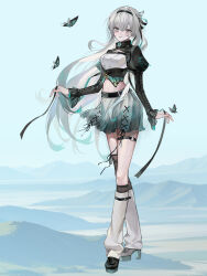 alternate_costume black_footwear black_hairband black_ribbon breasts bug butterfly closed_mouth clothing_cutout crop_top cropped_shirt firefly_(honkai:_star_rail) frilled_sleeves frills full_body green_skirt grey_hair hair_between_eyes hair_intakes hairband high_heels honkai:_star_rail honkai_(series) insect long_hair long_sleeves looking_at_viewer medium_breasts midriff multicolored_shirt navel ribbon sanfen_wangxiang single_thighhigh skirt solo standing thighhighs tube_socks two-tone_eyes