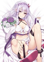 Rule 34 | 1girl, bouquet, bridal veil, bride, feet, flower, foot focus, foreshortening, from above, hair ornament, highres, holding, holding bouquet, long hair, looking at viewer, rabbit hair ornament, ribbon, short hair with long locks, smile, solo, tagme, veil, vocaloid, yappen, yuzuki yukari
