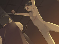 Rule 34 | 1boy, 1girl, armpits, arms up, bdsm, black hair, bondage, bound, bound arms, breast torture, breasts, censored, clothed male nude female, doujima kaoru, dungeon, dutch angle, closed eyes, flat chest, from below, hate shinaku aoi kono sora no shita de...., injury, masochism, matsukura asuna, mosaic censoring, muted color, navel, nipples, nude, open mouth, pain, restrained, rope, scar, scratches, screaming, short hair, slave, small breasts, small nipples, suspension, takamichi, teeth, torture, whip, whip marks, whipping