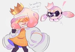 Rule 34 | !, + +, 1girl, :d, black gloves, black pantyhose, blunt bangs, coat, commentary, crown, dress, drone, english commentary, english text, fafameow, fangs, fingerless gloves, glasses, gloves, gradient hair, hand in pocket, hand up, highres, inkling, long sleeves, looking at viewer, mole, mole under eye, multicolored hair, nintendo, open clothes, open coat, open mouth, orange-tinted eyewear, orange dress, orange eyes, pantyhose, pearl (splatoon), pearl drone (splatoon), puffy long sleeves, puffy sleeves, short eyebrows, short hair, sidelocks, simple background, smile, solo, speech bubble, splatoon (series), splatoon 3, splatoon 3: side order, teeth, tentacle hair, thick eyebrows, tilted headwear, tinted eyewear, v-shaped eyebrows, white background, white coat