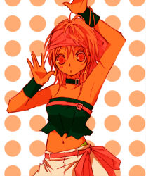Rule 34 | 1girl, armpits, arms up, collar, female focus, flat chest, headband, lowres, midriff, momoko (kof), navel, orange hair, red eyes, short hair, snk, solo, strapless, takamoriwako, the king of fighters, tube top, wristband