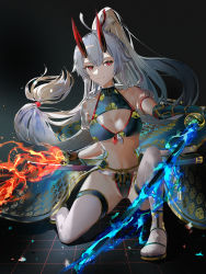 Rule 34 | 1girl, bikini, blue bikini, blue fire, breasts, cleavage, cleavage cutout, clothing cutout, dual wielding, fate/grand order, fate (series), fire, hair between eyes, high ponytail, highres, holding, horns, katana, kneeling, large breasts, long hair, looking at viewer, mitsudomoe (shape), navel, on one knee, oni horns, puffy short sleeves, puffy sleeves, red eyes, sarong, short sleeves, sidelocks, silver hair, smile, solo, swimsuit, sword, thighhighs, thighs, tomoe (symbol), tomoe gozen (fate), tomoe gozen (swimsuit saber) (fate), tomoe gozen (swimsuit saber) (third ascension) (fate), tsujieiri, weapon, white thighhighs