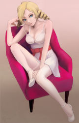 Rule 34 | 1girl, atlus, blonde hair, bow, breasts, catherine, catherine (game), chair, dress, drill hair, full body, leg up, legs, long hair, long legs, sitting, solo, stassen, strap slip, thighs, twintails, waist bow