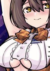 Rule 34 | 1girl, arm up, armpits, azur lane, baltimore (azur lane), baltimore (muse) (azur lane), blush, bow, breasts, brown hair, center frills, center opening, closed mouth, clothing cutout, frills, hair between eyes, highres, idol, large breasts, navel cutout, official alternate costume, orange bow, solo, sugoidere, sweat, underboob, underboob cutout, yellow eyes