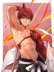 Rule 34 | 1boy, abs, armpits, bare pectorals, black pants, emiya shirou, fate/grand order, fate (series), fire, hakama, hakama pants, holding, holding sword, holding weapon, igote, japanese clothes, katana, looking at viewer, male focus, muscular, muscular male, navel, nipples, orange hair, over shoulder, pants, pectorals, red hair, senji muramasa (fate), short hair, smile, solo, stomach, sword, torakichi (ebitendon), weapon, weapon over shoulder, yellow eyes