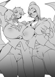 2girls breasts busty_female cameltoe cleavage curvy dress female_focus from_below grabbing_own_breast hair_bun hand_on_own_chest huge_breasts jiggle kemonono_(inchiki_dou) large_breasts long_hair long_sleeves looking_at_viewer mature_(kof) multiple_girls seductive_gaze short_hair shorts skirt the_king_of_fighters thick_thighs thighhighs thighs vice_(kof) wide_hips