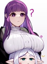 Rule 34 | 2girls, ?, absurdres, anger vein, blunt bangs, breast rest, breasts, breasts on head, commentary, english commentary, fern (sousou no frieren), frieren, green eyes, highres, izulizuru, large breasts, long hair, multiple girls, parted bangs, pointy ears, purple eyes, purple hair, simple background, sousou no frieren, white background, white hair
