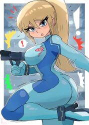 Rule 34 | !, 1girl, absurdres, angry, ass, black footwear, blonde hair, blue bodysuit, blue eyes, blue gloves, blush, bodysuit, breasts, energy gun, gloves, gun, high heels, highres, holding, holding gun, holding weapon, large breasts, long hair, looking at viewer, metroid, nintendo, open mouth, paralyzer, ponytail, ray gun, samus aran, shoes, sparkle, speech bubble, spoken exclamation mark, standing, standing on one leg, thick thighs, thighs, tony welt, weapon, zero suit