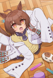 Rule 34 | 1girl, absurdres, aged down, agnes tachyon (umamusume), ahoge, animal ears, brown hair, commentary request, cork, earrings, wooden floor, highres, horse ears, horse girl, horse tail, jack (jacknoeaka), jewelry, kneeling, lab coat, looking at viewer, on floor, open mouth, oversized clothes, red eyes, short hair, single earring, sleeves past fingers, sleeves past wrists, stuffed animal, stuffed toy, sweater vest, tail, test tube, umamusume, wooden floor, yellow sweater vest