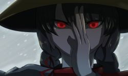 Rule 34 | 1girl, ajirogasa, black hair, braid, brown hat, capelet, commentary request, covered mouth, earlobes, half-closed eyes, hand up, hat, lian gui, long earlobes, long hair, looking at viewer, outdoors, portrait, red eyes, serious, simple background, snowing, solo, touhou, twin braids, upper body, yatadera narumi