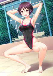 Rule 34 | 1girl, armpits, arms behind head, barefoot, black one-piece swimsuit, breasts, bush, chain-link fence, cleavage, competition swimsuit, covered erect nipples, covered navel, dutch angle, fence, full body, highleg, highleg swimsuit, highres, kuri (kurigohan), medium breasts, one-piece swimsuit, open mouth, original, presenting armpit, round teeth, solo, squatting, swimsuit, teeth, thighs, two-tone swimsuit, upper teeth only, window