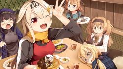 Rule 34 | 5girls, alternate costume, anchor symbol, apron, black ribbon, black shirt, blonde hair, blue eyes, blue shirt, bowl, breasts, brown eyes, brown hair, brown vest, bubble tea, bubble tea challenge, chopsticks, clothes writing, crescent, crescent hair ornament, crescent pin, cup, disposable cup, drinking glass, drinking straw, food, hachijou (kancolle), hachimaki, hair flaps, hair ornament, hair ribbon, hairband, hairclip, hatsuzuki (kancolle), headband, holding, holding chopsticks, holding plate, i-26 (kancolle), kantai collection, large breasts, light brown hair, long hair, long sleeves, low twintails, multiple girls, object on breast, one eye closed, open mouth, plate, red eyes, ribbon, satsuki (kancolle), shaded face, shirt, short hair, straight hair, table, twintails, two side up, v, vest, white shirt, yasume yukito, yellow eyes, yuudachi (kancolle)