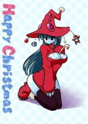 Rule 34 | 1girl, between breasts, black eyes, black thighhighs, blue hair, blue skin, blush, boots, breasts, candy, candy cane, christmas, cleavage, cleavage cutout, clothing cutout, colored skin, female focus, food, hat, highres, kneeling, long hair, meme attire, monster girl, open-chest sweater, original, ryou eno, santa claus, simple background, solo, sweater, thighhighs, white background, witch hat