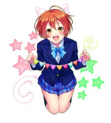 Rule 34 | 10s, 1girl, :d, ahoge, animal ears, black socks, blazer, blush, bow, bowtie, cat ears, cat tail, collared shirt, flag, flags of all nations, full body, happy birthday, hoshizora rin, jacket, kneehighs, kneeling, long sleeves, looking at viewer, love live!, love live! school idol project, nanatsu maka, open mouth, orange hair, pennant, plaid, plaid skirt, pleated skirt, school uniform, shirt, short hair, skirt, smile, socks, solo, star (symbol), string, string of flags, striped bow, striped bowtie, striped clothes, striped neckwear, tail, white shirt, yellow eyes