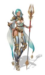 Rule 34 | 1girl, armor, blue eyes, blue hair, breasts, choker, cleavage, cross, doha skylightscent, earrings, fingernails, full body, garter belt, garter straps, gold trim, greaves, highres, holding, holding weapon, jewelry, looking at viewer, medium breasts, original, pauldrons, pelvic curtain, polearm, shadow, sharp fingernails, short hair, shoulder armor, simple background, solo, standing, thighhighs, trident, weapon, white background, white thighhighs