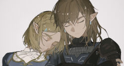 Rule 34 | 1boy, 1girl, akihare, braid, closed eyes, commentary, couple, crown braid, earrings, english commentary, grey background, hair ornament, hairclip, jewelry, leaning on person, link, medium hair, nintendo, pointy ears, princess zelda, short hair, shoulder pads, simple background, sleeping, the legend of zelda, the legend of zelda: tears of the kingdom, upper body, white background