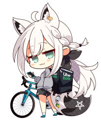 Rule 34 | 1girl, 7:08, :3, absurdres, ahoge, animal ear fluff, animal ears, backpack, bag, bicycle, black bow, black shorts, blush, bow, braid, cellphone, chibi, commentary request, earrings, extra ears, fox ears, fox girl, fox tail, green eyes, grey jacket, hair between eyes, hair bow, highres, holding, holding phone, hololive, jacket, jewelry, long hair, looking at viewer, looking back, pentagram, phone, shirakami fubuki, short shorts, shorts, sidelocks, simple background, single braid, smartphone, solo, sukonbu (shirakami fubuki), tail, uber eats, virtual youtuber, white background, white hair