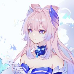 Rule 34 | 1girl, bare shoulders, blue choker, blue hair, breasts, chapaoyufan, choker, cleavage, commentary request, crying, crying with eyes open, dress, genshin impact, gloves, gradient hair, medium breasts, multicolored hair, off-shoulder dress, off shoulder, pink hair, purple eyes, sangonomiya kokomi, smile, solo, tears, upper body, white gloves