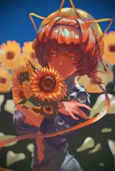 Rule 34 | 1girl, blue eyes, braid, dress, fate/grand order, fate (series), flower, hair ornament, highres, holding, holding flower, long hair, looking at viewer, hugging object, orange hair, ponytail, short hair, sky, smile, solo, sunflower, uaaaou, upper body, van gogh (fate)