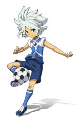 Rule 34 | 1boy, ball, blue footwear, blue shirt, blue shorts, blue socks, cleats, closed mouth, dark-skinned male, dark skin, full body, green eyes, grey hair, hand up, happy, highres, inazuma eleven, inazuma eleven (series), kneehighs, looking at viewer, male focus, outstretched arm, shirt, shoes, short hair, shorts, simple background, sleeveless, sleeveless shirt, smile, soccer ball, soccer uniform, socks, solo, sportswear, standing, standing on one leg, suzuno fuusuke, tellzeta, uniform, white background