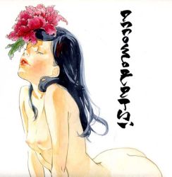 Rule 34 | 1girl, arched back, ass, black hair, blush, breasts, closed eyes, flower, flower on head, lipstick, long hair, makeup, nipples, nude, original, simple background, small breasts, solo, yuu (mol)