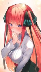 Rule 34 | 1girl, black skirt, blue eyes, blush, bow, breasts, cleavage, closed mouth, collarbone, crossed bangs, ganko-chan (shashaneko123), go-toubun no hanayome, gradient background, hair between eyes, hair over eyes, hair ribbon, hand on own chest, highres, long hair, long sleeves, medium breasts, medium skirt, nakano nino, open mouth, orange background, pink background, purple eyes, red hair, ribbon, shirt, skirt, solo, twintails, white background, white shirt
