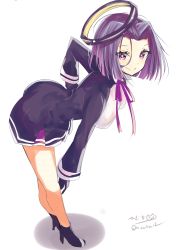 Rule 34 | 1girl, alternate costume, blush, breasts, closed mouth, full body, hair between eyes, halo, headgear, highres, hizaka, kantai collection, large breasts, looking at viewer, mechanical halo, multiple girls, neck ribbon, one-hour drawing challenge, purple eyes, purple hair, ribbon, school uniform, shadow, short hair, simple background, smile, solo, tatsuta (kancolle), twitter username