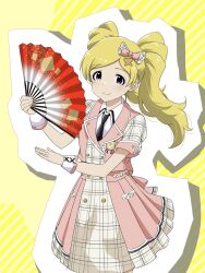 Rule 34 | 1girl, black necktie, blonde hair, butterfly hair ornament, buttons, collar, cowboy shot, dot nose, dress, emily stewart, eyelashes, folding fan, future signature (idolmaster), hair ornament, hair ribbon, hand fan, highres, holding, holding fan, idolmaster, idolmaster million live!, idolmaster million live! theater days, light smile, long hair, matcha kingyo, necktie, official alternate costume, parted bangs, pink dress, plaid, plaid dress, pleated skirt, pocket, purple eyes, ribbon, short sleeves, sidelocks, skirt, solo, twintails, white collar, wrist cuffs, yellow background