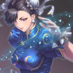 Rule 34 | 1girl, black hair, blush, bracelet, breasts, bun cover, capcom, china dress, chinese clothes, chun-li, double bun, dress, earrings, fighting stance, grey eyes, hair bun, jewelry, large breasts, parted lips, short hair, simple background, solo, spiked bracelet, spikes, street fighter, tokiatm