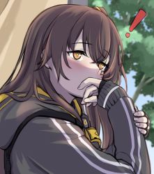 Rule 34 | !, 1girl, 3 small spiders, blush, brown hair, covering own mouth, girls&#039; frontline, grey jacket, hood, hooded jacket, jacket, long hair, looking at viewer, side ponytail, simple background, solo focus, tree, ump45 (girls&#039; frontline), upper body, window, yellow eyes
