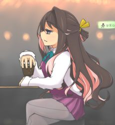 Rule 34 | 10s, 1girl, alcohol, bar (place), black hair, blue bow, blue eyes, blurry, bow, crossed legs, cup, depth of field, drinking glass, exit sign, fang, from side, grey pantyhose, hair ribbon, highres, holding, holding cup, holding drinking glass, ice, ice cube, indoors, kantai collection, long hair, macbail, multicolored hair, naganami (kancolle), pantyhose, pink hair, ribbon, seamed legwear, side-seamed legwear, sitting, skirt, solo, stool, two-tone hair, very long hair, vest, wavy hair, yellow ribbon