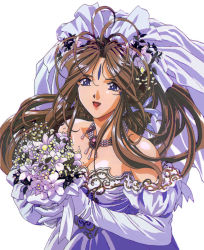 Rule 34 | 1girl, aa megami-sama, belldandy, blue eyes, bouquet, brown hair, dress, flower, simple background, solo, wedding dress, white background