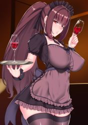 Rule 34 | 1girl, alcohol, alternate costume, apron, aster crowley, black dress, black thighhighs, blush, breasts, cup, dress, drinking glass, enmaided, fate (series), frills, hair between eyes, highres, large breasts, long hair, looking at viewer, maid, maid headdress, ponytail, puffy short sleeves, puffy sleeves, purple hair, red eyes, sash, scathach (fate), short sleeves, solo, thighhighs, thighs, tray, wine, wine glass, wrist cuffs