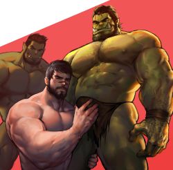 Rule 34 | 3boys, abs, bara, beard, body hair, bulge, colored skin, crotch, dragon age, dragon age 2, erection, erection under clothes, evil grin, evil smile, facial hair, fangs, green skin, grin, groping, hawke (dragon age 2), highres, interspecies, male focus, monster, multiple boys, muscular, naughty face, ogre, orc, pectorals, scar, size difference, smile, tagme, teeth, undressing, yaoi, yy6242