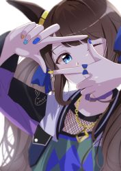 Rule 34 | 1girl, absurdres, animal ears, artist logo, blue eyes, brown hair, collar, commentary request, finger frame, fishnets, hair ribbon, highres, horse ears, jacket, jewelry, kabu usagi, long hair, looking at viewer, multicolored nails, nail polish, necklace, one eye closed, pocket, puckered lips, ribbon, solo, tosen jordan (umamusume), umamusume, upper body, white background