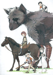 Rule 34 | 2boys, 2girls, agro, animal, black hair, brown hair, dress, griffin, hairband, highres, holding hands, horse, horseback riding, ico, ico (character), multiple boys, multiple girls, o o, oversized animal, pants, riding, sandals, shadow of the colossus, short hair, stick, sword, tabard, the boy (the last guardian), the last guardian, trico (character), walking, wander (shadow of the colossus), weapon, yorda