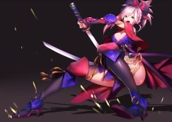Rule 34 | 1girl, asymmetrical hair, bare shoulders, battle, black pantyhose, black thighhighs, blue kimono, bracer, breasts, cape, capelet, cleavage, commentary request, detached sleeves, dual wielding, earrings, elbow pads, elbow sleeve, fate/grand order, fate (series), fighting, fighting stance, full body, grey eyes, hair ornament, high heels, highres, holding, holding sword, holding weapon, japanese clothes, jewelry, katana, kimono, large breasts, leaf print, magatama, maple leaf print, miyamoto musashi (fate), miyamoto musashi (second ascension) (fate), obi, open mouth, pantyhose, pink hair, ponytail, rahato, sash, scabbard, sheath, short kimono, sleeveless, sleeveless kimono, solo, squatting, sword, thighhighs, thighs, unsheathed, unsheathing, weapon