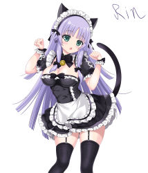 Rule 34 | 1girl, :o, absurdres, alternate costume, animal ears, apron, aqua eyes, artist name, assault lily, bad id, bad pixiv id, banshouya ena, bell, black bow, black bowtie, black dress, black thighhighs, blunt bangs, blunt ends, blush, bow, bowtie, breasts, buttons, cat ears, cat tail, cleavage, commentary request, contrapposto, dress, dress bow, enmaided, fake animal ears, fake tail, feet out of frame, frilled apron, frilled dress, frilled sleeves, frills, garter straps, hair bow, hands up, head tilt, highres, jingle bell, long hair, looking at viewer, maid, maid headdress, medium breasts, neck bell, open mouth, paw pose, puffy short sleeves, puffy sleeves, purple hair, rin (rinnoatorie), short dress, short sleeves, sidelocks, simple background, solo, standing, tail, tail raised, thighhighs, very long hair, waist apron, white apron, white background, wrist cuffs, zettai ryouiki