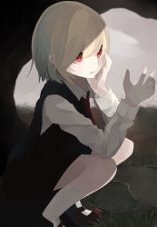 Rule 34 | 1girl, arm support, blonde hair, gradient background, highres, ogami ren, puddle, red eyes, rumia, shirt, short hair, solo, touhou, water