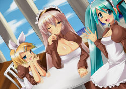 Rule 34 | 00s, 3girls, alternate costume, aqua eyes, bad id, bad pixiv id, blonde hair, blush, bow, breasts, cleavage, enmaided, hatsune miku, head rest, kagamine rin, large breasts, long hair, maid, maid headdress, megurine luka, multiple girls, one eye closed, open mouth, pink hair, small breasts, twintails, vocaloid, wink, zion