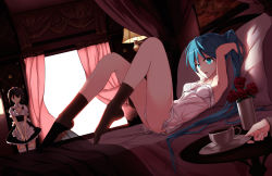 Rule 34 | 2girls, absurdres, aoi kao (lsz7106), apron, arm up, armpits, bare arms, bed, black skirt, black socks, blue eyes, blue hair, bra, breasts, brown hair, canopy bed, cleavage, dutch angle, flower, hatsune miku, highres, indoors, long hair, lying, maid, medium breasts, miniskirt, multiple girls, on back, on bed, open mouth, panties, pillow, ponytail, red flower, red rose, rose, short hair, skirt, small breasts, socks, standing, thighhighs, underwear, very long hair, vocaloid, waist apron, white apron, white bra, white panties, white thighhighs, zettai ryouiki
