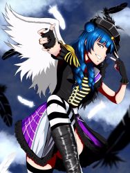 Rule 34 | 1girl, alternate hairstyle, artist name, artist request, asymmetrical wings, band uniform, belt, black feathers, black footwear, black gloves, black hat, black legwear, black nail polish, black nails, black shirt, black skirt, black wings, blue hair, blue sky, blush, boots, braid, breasts, cloud, collared shirt, day, epaulettes, feathers, female focus, fingerless gloves, frilled sleeves, frills, gloves, hair bun, hat, highres, in the unstabe world, in the unstabe world (love live!), long hair, looking at viewer, love live!, love live! school idol festival, love live! sunshine!!, mini hat, miniskirt, mismatched wings, nail polish, outdoors, parted lips, pink eyes, plaid, plaid skirt, pleated, pleated skirt, purple eyes, purple skirt, shirt, short sleeves, shoulder pads, side bun, single hair bun, skirt, sky, smile, solo, standing, standing on one leg, striped legwear, teeth, tsushima yoshiko, twin braids, v, v over eye, white belt, white feathers, white legwear, white wings, wings