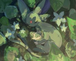 Rule 34 | alternate color, cat, closed eyes, commentary request, creatures (company), espeon, flower, forehead jewel, forked tail, game freak, gem, gen 2 pokemon, hug, ivelovedsekaowa, leaf, multiple tails, nintendo, no humans, pokemon, pokemon (creature), red gemstone, shiny pokemon, sleeping, sprigatito, tail, two tails, white flower