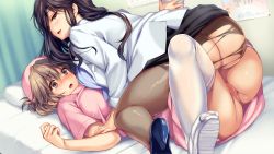Rule 34 | 2girls, :o, absurdres, akagi mio, amagi ryou, ass, bed, black hair, blonde hair, blush, boku to joi no shinsatsu nisshi, breasts, brown eyes, censored, clothes lift, embarrassed, from behind, game cg, groin, hat, high heels, highres, indoors, lab coat, large breasts, leg up, legs, long hair, looking at another, looking back, lying, lying on person, monety, mosaic censoring, multiple girls, no panties, nurse, nurse cap, on bed, on stomach, original, panties, pantyhose, pantyshot, parted lips, pillow, pussy, skirt, skirt lift, smile, spread legs, thighhighs, thighs, torn clothes, torn legwear, torn pantyhose, underwear, uniform