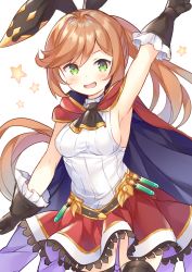 Rule 34 | 10s, 1girl, animal ears, arm up, armpits, black gloves, black thighhighs, blush, breasts, brown hair, clarisse (granblue fantasy), cork, fake animal ears, gloves, granblue fantasy, green eyes, highres, long hair, looking at viewer, medium breasts, narusegawa riko, open mouth, rabbit ears, red skirt, sideboob, skirt, smile, solo, star (symbol), thighhighs, vial